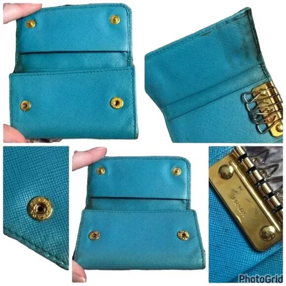 PRADA Voyager Italian Saffiano Leather Metal 6 Key Holder Cobalt Turquoise Blue